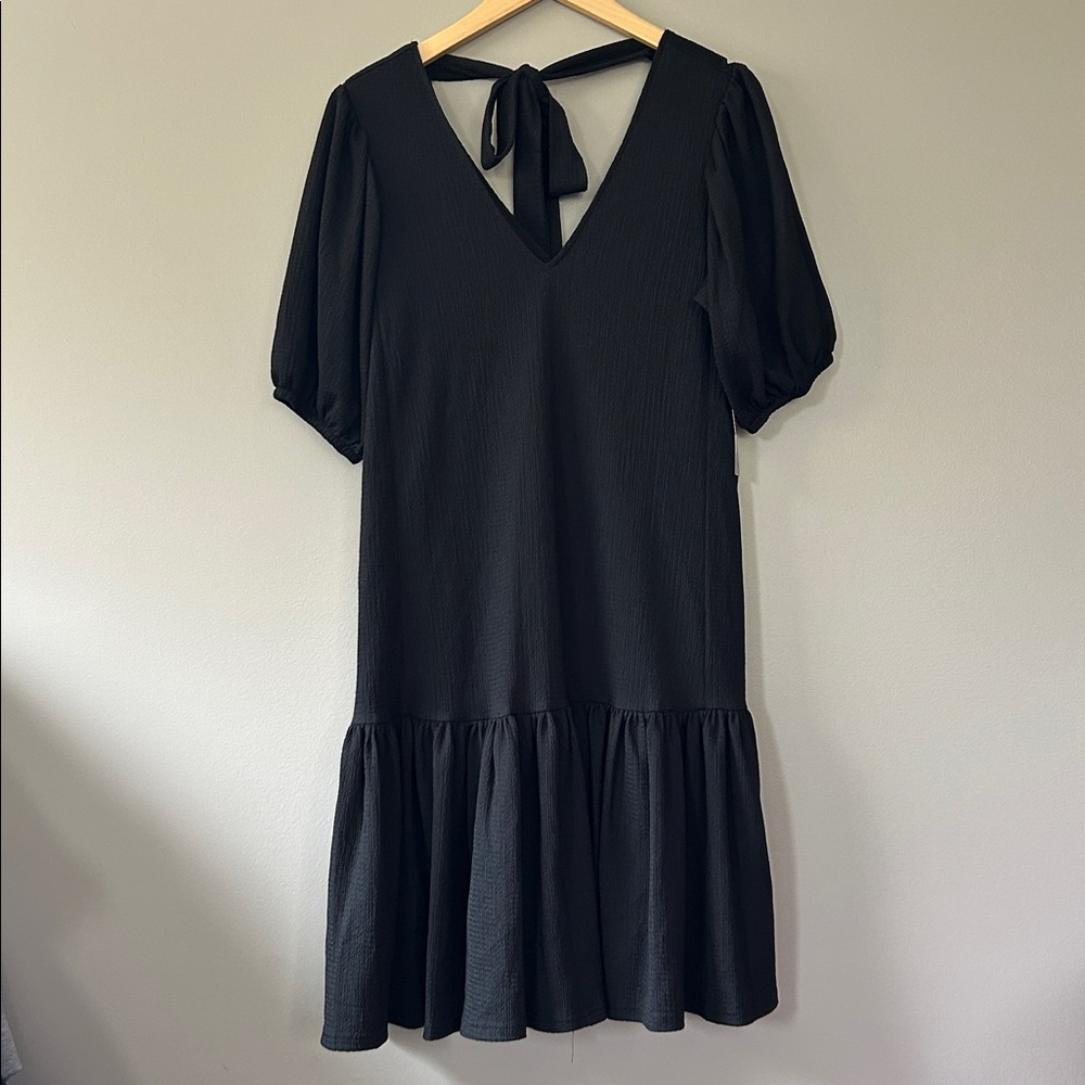 Melloday V-Neck Drop Waist Puff Sleeve Black Dress Size Small